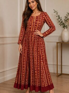 Ritu Kumar Burgundy and Mustard Printed Maxi Dress